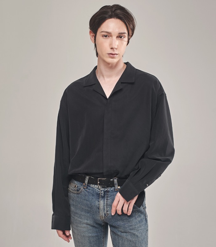[iKON 송윤형 착용] BLACK Oversized Opencollar Silket Shirts