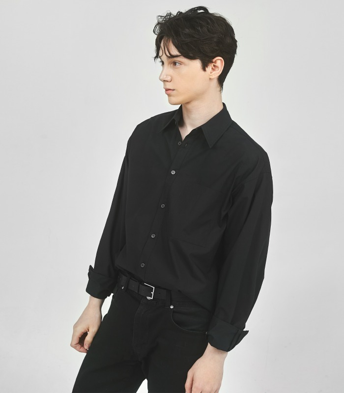 BLACK Semi-Over Cotton Shirts