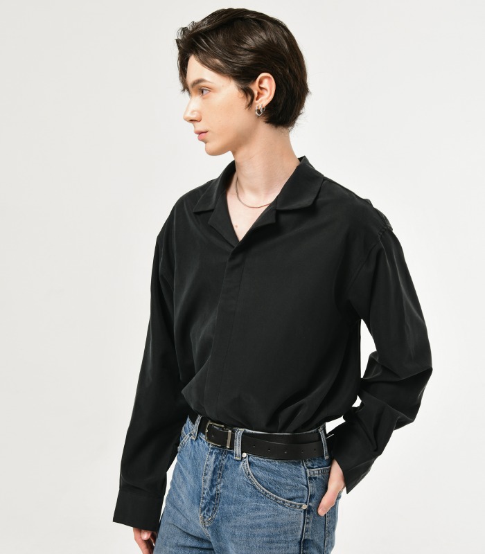 [iKON 송윤형 착용] BLACK Oversized Opencollar Silket Shirts