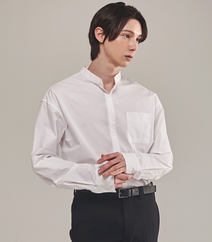 WHITE Semi-Over Hidden Button Stand Collar Shirts [Official SALE 30%]